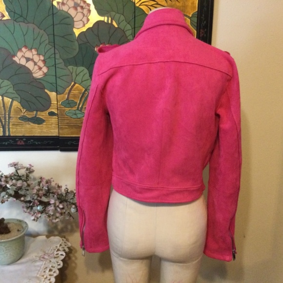 Stradivarius Aviator Jacket Faux Suede HOT PINK Size M Preowned - Picture 4 of 5